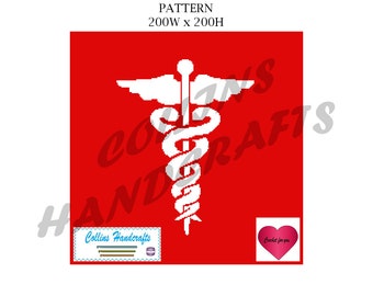 May include: A white medical symbol, also known as the Rod of Asclepius, on a red background. The symbol is a snake wrapped around a staff with wings at the top. The text "GRAPHGAN PATTERN 200W x 200H" is at the top of the image.