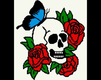 M-C2C Graphgan Pattern - Skull Rose Butteryfly (4147)                      Mini,Graph & Row by Row Written Stitch Count