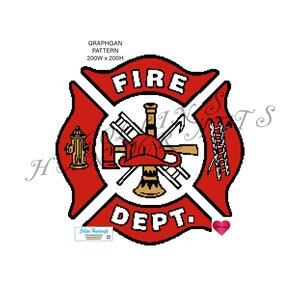 May include: Red and white fire department emblem with a crossed axe, ladder, and hose. The emblem says "FIRE DEPT." in a white circle.
