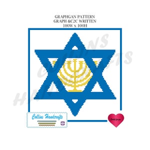 May include: A graphgan pattern for crocheting a Star of David with a menorah inside. The pattern is written in graph and c2c format and is 100 stitches wide by 100 stitches high.