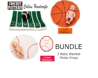 PATTERNS BUNDLE - 3 Baby Sports Blankets Photo Props - Football Field, Basketball, Baseball Blankets, for a newborn photo prop, easy