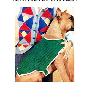 May include: A vintage knitting pattern for a green dog sweater. The pattern includes instructions for a ribbed knit stitch and a white trim around the neck and belly.