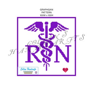 May include: Purple cross with a snake and wings, with the letters RN in front of it. The image is a graphgan pattern for a 100 x 100 stitch project.