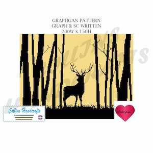 May include: Black and white graphgan pattern of a deer standing in a forest. The pattern is 200 stitches wide and 150 stitches high. The pattern includes instructions for both graph and single crochet.