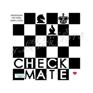 May include: Black and white graphghan pattern with a chessboard design. The pattern includes a chessboard with a white king, a white bishop, and a black knight. The words "CHECKMATE" are written below the chessboard.