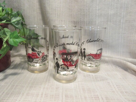 Set Of 4 Vintage Drinking Glasses Antique Cars Antique Etsy