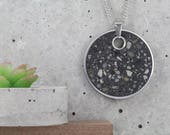 Concrete jewelry. Large, black concrete pendant with steel chain. Polished concrete necklace. Minimal and modern jewelry