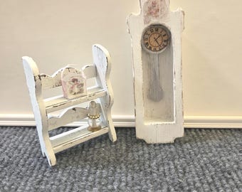 Dollhouse shabby chic furniture, doll small shelf, 1-12 clock