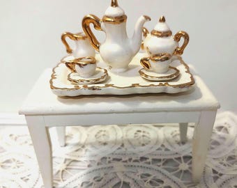 Vintage Gold Trimmed Ceramic Tea Set, Barbie Scale Miniature, Play Scale, 1-6 scale