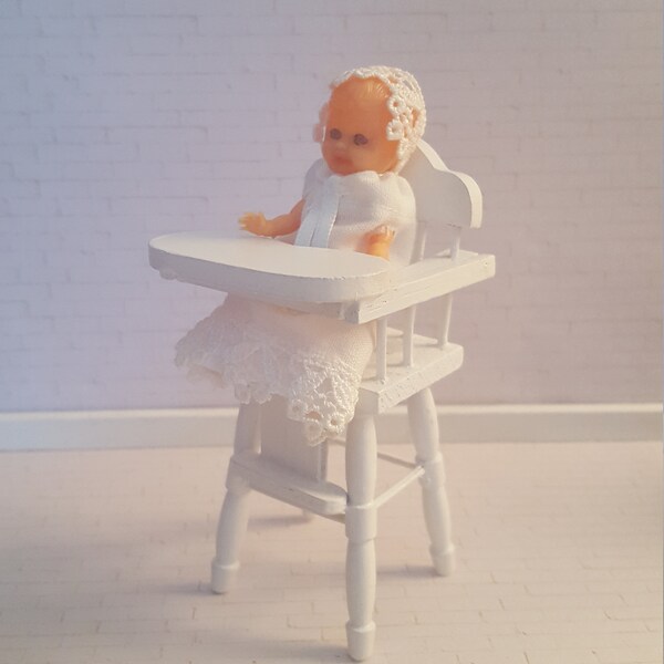 Dollhouse baby and highchair, 1-12 scale baby, dollhouse nursery, tiny baby, vintage doll, 1-12 dollhouse highchair