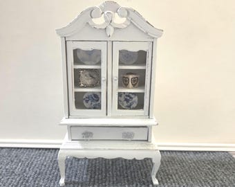 Dollhouse cupboard, Shabby chic cupboard, dollhouse shelf, white doll cabinet