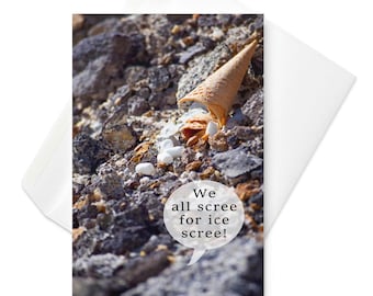 May include: A humorous image of a fallen ice cream cone with marshmallows scattered on a rocky surface. The text "We all scree for ice scree!" is written in a speech bubble.