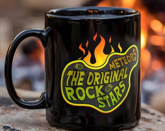 Black Meteor Mug Original Rockstar Humor - Flaming Rock Music Motif - Meteorite Design with Meteorite Mineral Colors - Hand Wash Only
