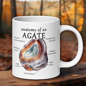 May include: White ceramic mug with the text "anatomy of an AGATE" and labeled features of an agate stone. The agate illustration features brown, orange, and gray bands. The mug has a white handle and is set against a blurred forest background.