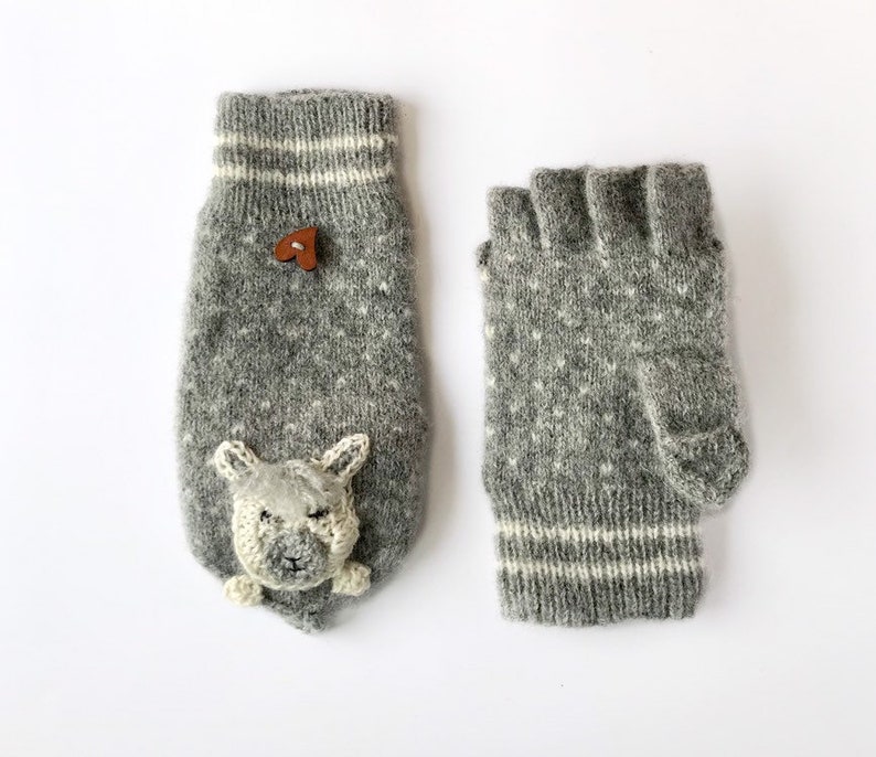 Gloves with flap Flip top mittens lama Half finger mittens alpaca Fingerless Gloves With Fold over Cap