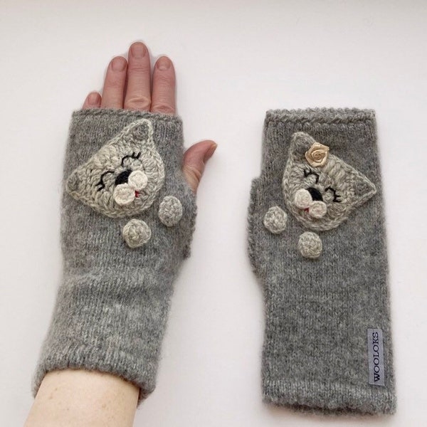 Cat gloves, handmade gloves, Warm gloves, driving gloves, Winter gloves, Fingerless mittens, Cat lover gift