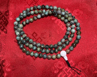 African Turquoise 10mm Buddhist Mala • 12mm White Shell Agate Guru Bead • Beautiful Look & Feel