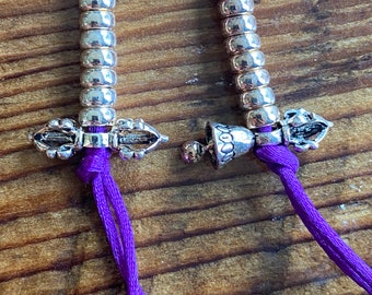 Bell & Dorje Buddhist Prayer Bead Mala Counters - Small - 925 STERLING SILVER • Purple Chord