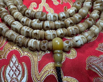 Citipati Mala - Yak Bone Carved Skulls Beads - Medium - Beige/Tan Color Tones - Rare - Tantra