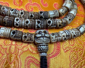 Yak Bone Carved Skull Citipati Mala - Medium - Cylindrical Beads - Unique - Tantra Mantra