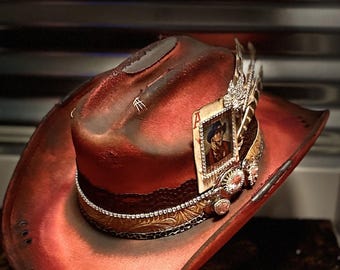 Branded Cowboy Hat, Distressed Cowgirl Hat, Burned Wide Brim Hat, Western Hat, Custom Cowboy Hat, Western Burned Designs, Hand Designed Hats
