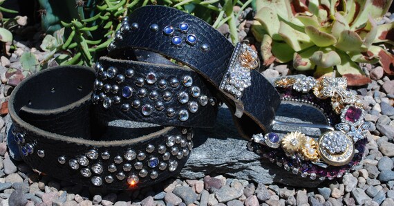 Vintage Leatherock Black Leather Belt w/ Ornate Buckle Cabochons & Crystals M/L Crystal and Stud 4 Strand Hip Belt – Leatherock main image 3