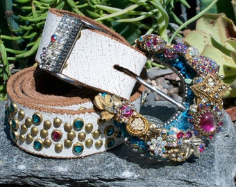Embellished buckle crystals Distressed leather belt accessory necessity fancy Swarovski Crystals Belt: Montana Sky - Equine Luxuries main image 2