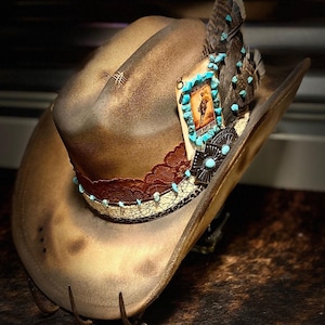 Branded Cowboy Hat, Distressed Cowgirl Hat, Burned Wide Brim Hat, Western Hat, Custom Cowboy Hat, Western Burned Designs, Hand Designed Hats