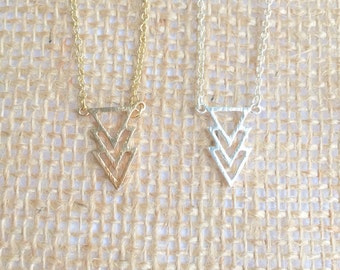 Three triangles necklace, chevron dainty necklace, gold or silver