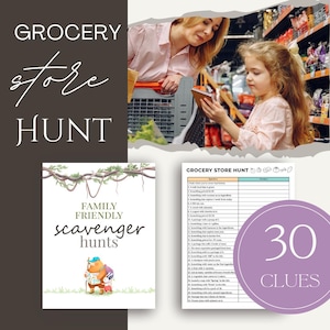 May include: A printable grocery store scavenger hunt with 30 clues for families. The printable features a cartoon illustration of a bear and a fox carrying backpacks. The text "Family Friendly Scavenger Hunts" is featured on the printable.