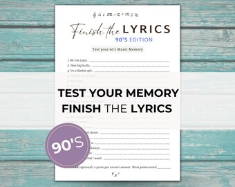 Beende die Songtexte zum ausdrucken, Musik-Trivia-Quiz, 90er Jahre Party-Aktivität, Girls Night Icebreaker, Retro Songtexte