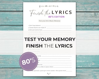 80er Beenden Sie die Texte zum Ausdrucken, Musik-Trivia-Quiz, 80er-Partyspiel, Mädchennachtaktivität, Retro-Geburtstags-Eisbrecher