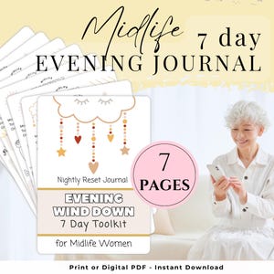 May include: A stack of white journal cards with the text "Midlife Evening Journal" and "Evening Wind Down 7 Day Toolkit". The cards feature a cloud design with hanging stars and hearts. A pink circle reads "7 Pages".