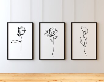 Minimalist Floral Trio: Digital Line Art Prints for Chic Home Decor – Instant Download - Floral Wall Art - Printable Wall Art - Floral Art