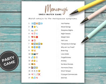 Könnte beinhalten: Ein weißes Spielblatt mit dem Titel Menomoji Emoji Match Game mit siebzehn nummerierten Zeilen, die Emojis zur Zuordnung von Wechseljahrsbeschwerden enthalten, begleitet von drei Stiften in Gelb, Rosa und Hellblau.