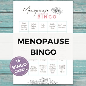Könnte beinhalten: Eine weiße Karte mit dem Text "Menopause Bingo" in großen Buchstaben. Die Karte enthält Bingofelder mit Sätzen wie "Slept through the night" und "Took a walk". Ein lila Kreis zeigt "14 Bingo Cards".