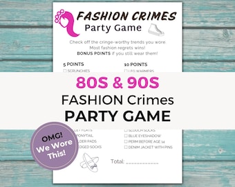 80er & 90er Jahre Gesellschaftsspiel, Fashion Crimes Druckbares Spiel, Girls Night Icebreaker, Gen X Nostalgie lustig Download