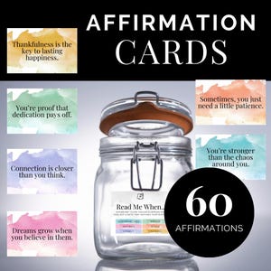 Cartes d'affirmation imprimables pour un pot | 60 messages inspirants codés par couleur pour prendre soin de soi et stimuler l'état d'esprit | Téléchargement numérique PDF + PNG