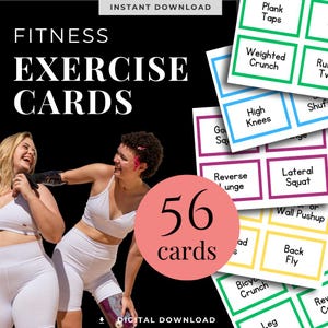 Puede incluir: Tarjetas de ejercicios de fitness con 56 tarjetas, con ejercicios como Plank Taps y High Knees. La imagen incluye a dos mujeres con ropa de entrenamiento, con el texto "Descarga instantánea" y "Descarga digital".