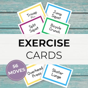 Puede incluir: Unas tarjetas de ejercicios con instrucciones de entrenamiento. Las tarjetas tienen bordes de colores e incluyen ejercicios como "Split Squat" y "Bicycle Crunch". La imagen también muestra el texto "EXERCISE CARDS" y un gráfico circular que dice "56 MOVES".