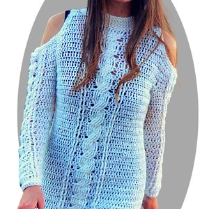 Crochet Sweater Dress pattern shoulderless and cabled Levitate image 4