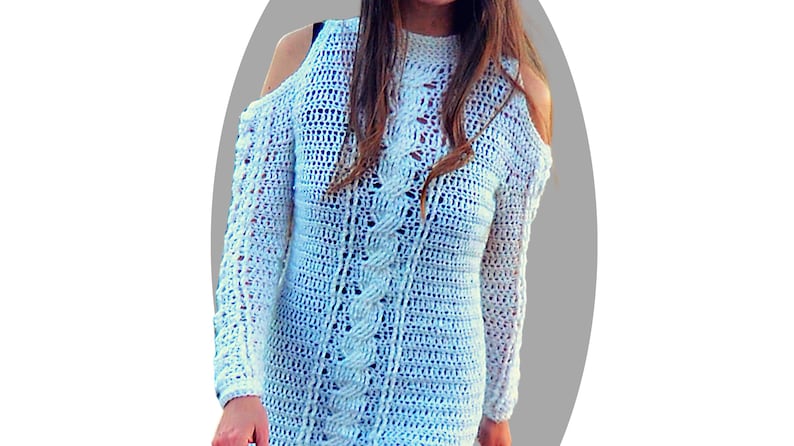 Crochet Sweater Dress pattern shoulderless and cabled Levitate image 4