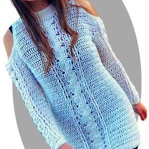 Crochet Sweater Dress pattern shoulderless and cabled Levitate image 9