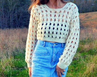 Crochet Sweater Crop Top Lacy Cable 
