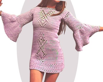 Crochet Dress Pattern 70s Bell Sleeve  -Particle- Beginner Vintage Cottagecore Y2K Dress