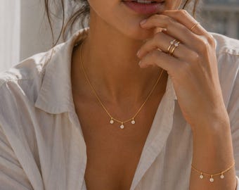 Solid Gold Diamond Station Necklace – 3 Bezel Set Diamonds – 2mm Natural Diamonds – 9k 14k 18k Gold – Minimal Everyday Fine Jewellery