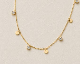 Gold disc and  Diamond Necklace. Handmade 9k, 14k, 18k Gold Diamond Necklace, Dainty Gold Chain. Birthday gift mum, daughter. Bride necklace
