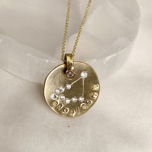 Zodiac Constellation Necklace.  Diamonds on Sterling Silver, 9k, 14k or 18k Gold. Zodiac Constellations on solid gold medallion