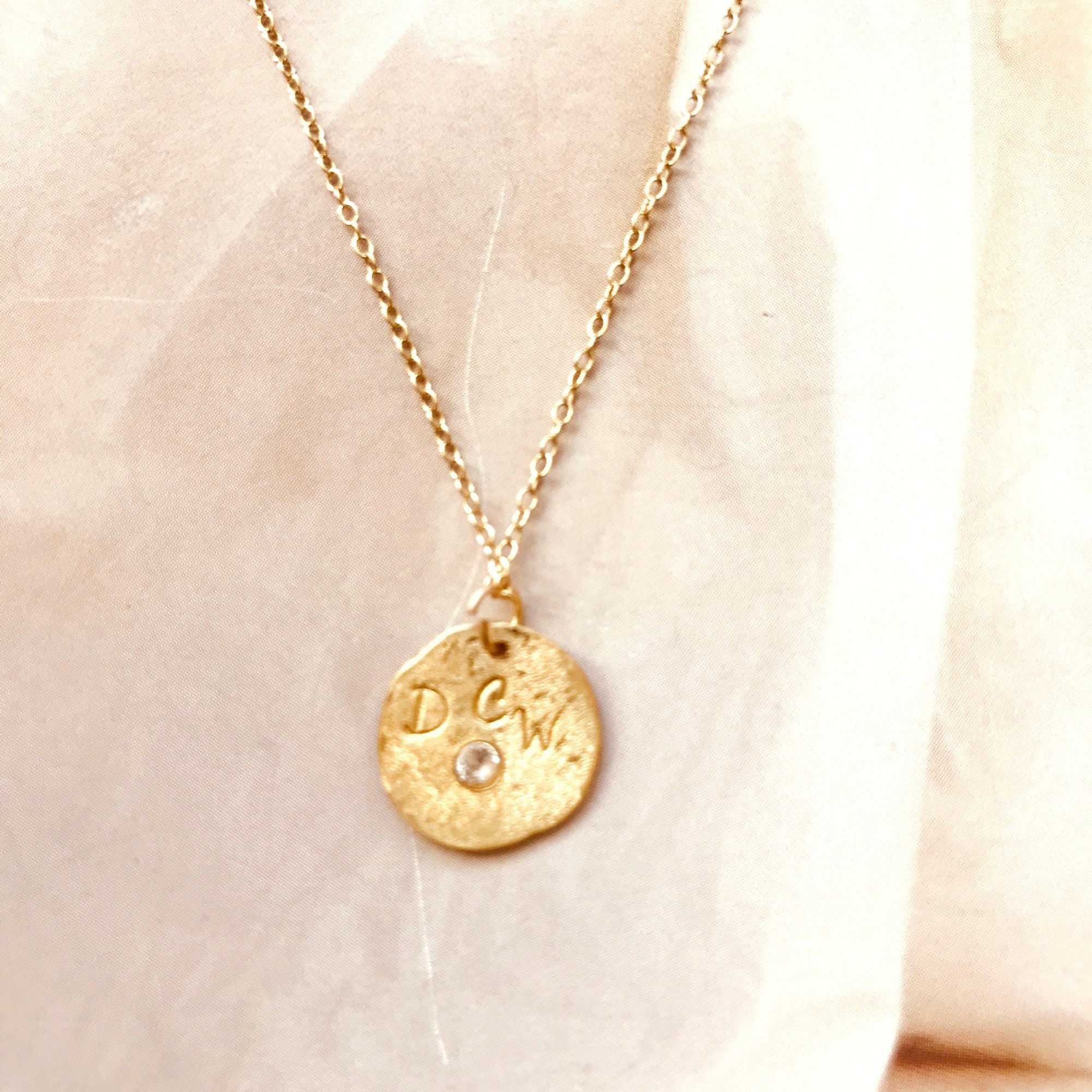 Initial Necklace in Solid Gold Disc with Diamond. Initial Etsy