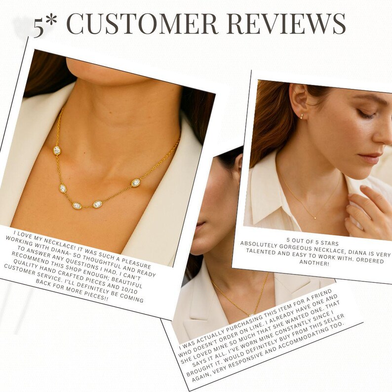 K&ouml;nnte beinhalten: Eine goldfarbene Kettenhalskette mit mehreren eingefassten, klaren Steinen, die entlang der Kette verteilt sind. Das Bild enth&auml;lt den Text 5* CUSTOMER REVIEWS sowie Kundenbewertungen, die den Schmuck und den Service loben.